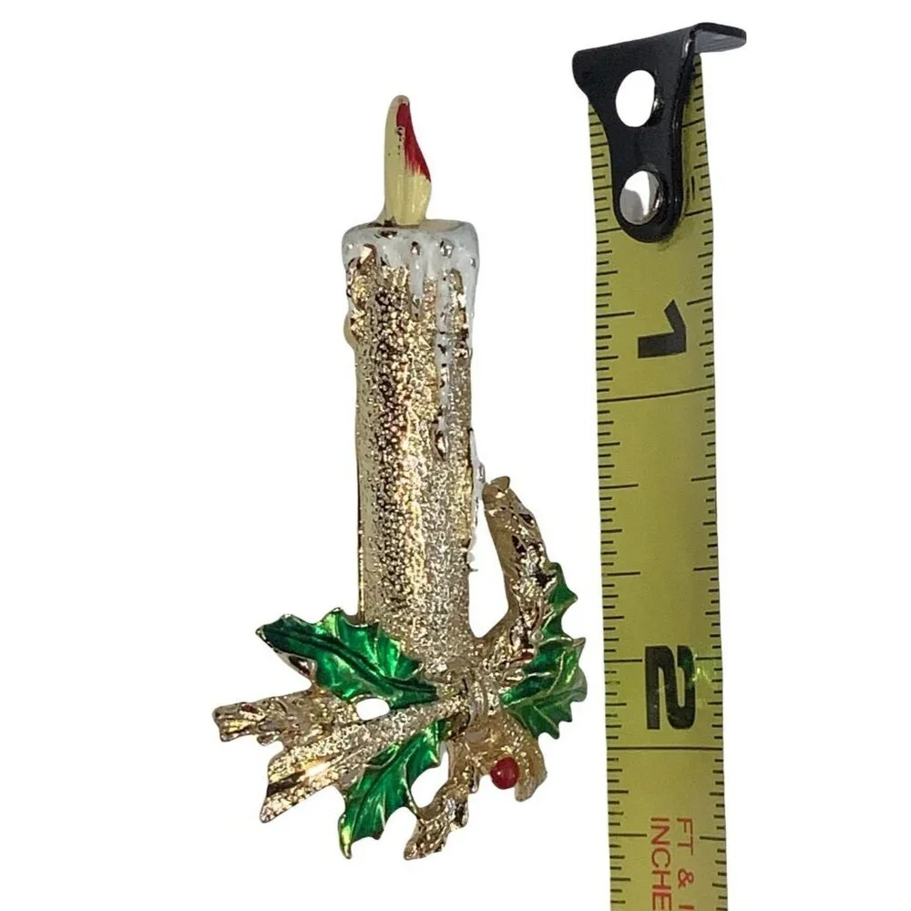 Gerry's Christmas Candle Pin Brooch Holly Leaves Vintage Holiday Jewelry